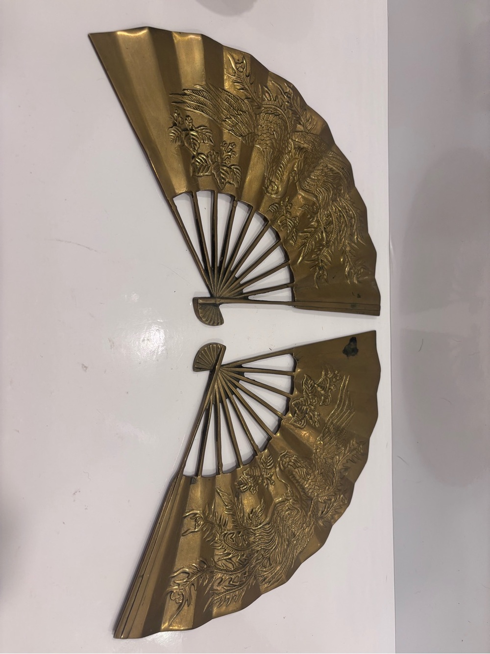 Vintage Brass Fan Wall Plaques Pair Phoenix Bird Asian Decor Made in Taiwan ROC